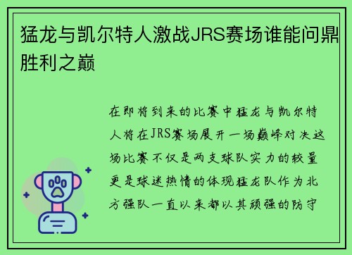 猛龙与凯尔特人激战JRS赛场谁能问鼎胜利之巅